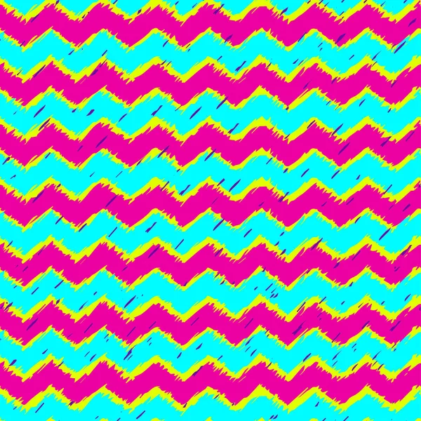 Zigzag horizontal néon couleurs à la mode jaune, rose et ultraviolet avec des taches. Motif vectoriel sans couture pour textiles, vaisselle, vêtements, web design . — Image vectorielle