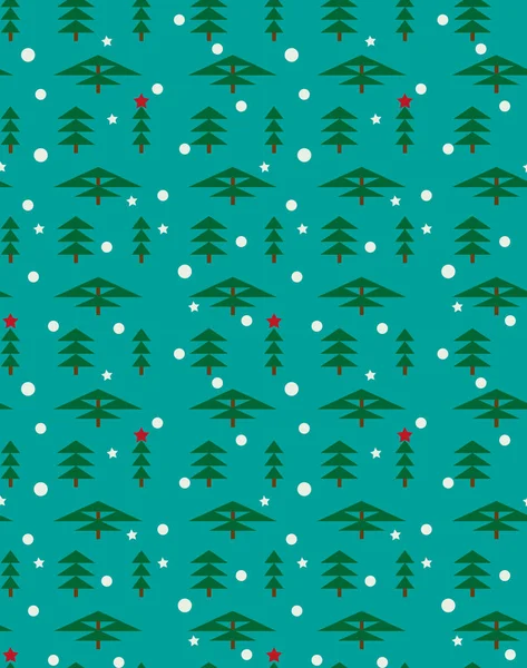 Paisaje del bosque de invierno para Año Nuevo y Navidad. Abeto, pino, sequoia, ciprés en invierno, copos de nieve que caen y estrellas. Patrón de vector inconsútil para el fondo de la tarjeta de felicitación, papel de embalaje . — Vector de stock