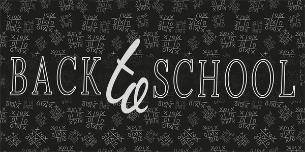 Μοτίβο του παιχνιδιού tic tac toe, μαυροπίνακα και κιμωλία. Σχέδιο λευκού περιγράμματος σε μαύρο φόντο, κείμενο τέχνης πίσω στο σχολείο. Απεικόνιση διάνυσμα για το σχεδιασμό των προμηθειών, επιστολόχαρτα, διαφήμιση, αφίσα. — Διανυσματικό Αρχείο