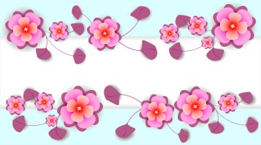 Açık mavi arkaplanda pembe sakura çiçekleri ve metin için yeri olan yatay afiş. Tatil romantizm kartı için vektör illüstrasyonu.