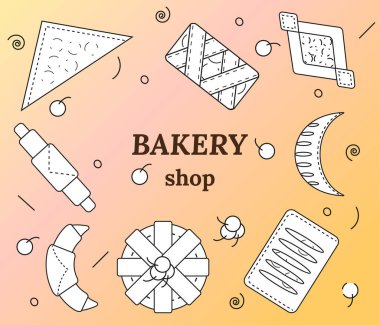 Ana hatlarıyla fırın ve hamur işi ürünleri. Kruvasan, simit, poğaça, rulo taze böğürtlen ve reçelli poğaça. Fırınlar, kafe, menü için vektör illüstrasyonu.