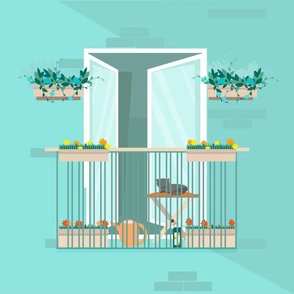Yazın Evin Balkonunda Salgın Sırasında Evde Dinlenirken Çekmecede Çiçekler Duruyor — Stok Vektör