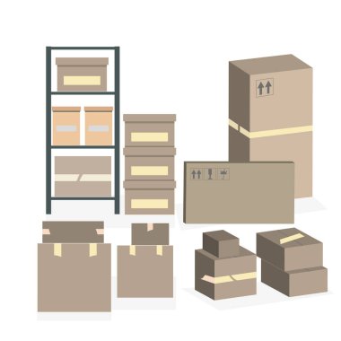 Yeni bir yere taşınıyorum. Karton kutularda bir şeyler toplamak, televizyon ve buzdolabı için paket yapmak. Nakliyecilerin yardımını bekliyoruz. Düz biçimli vektör illüstrasyonu.
