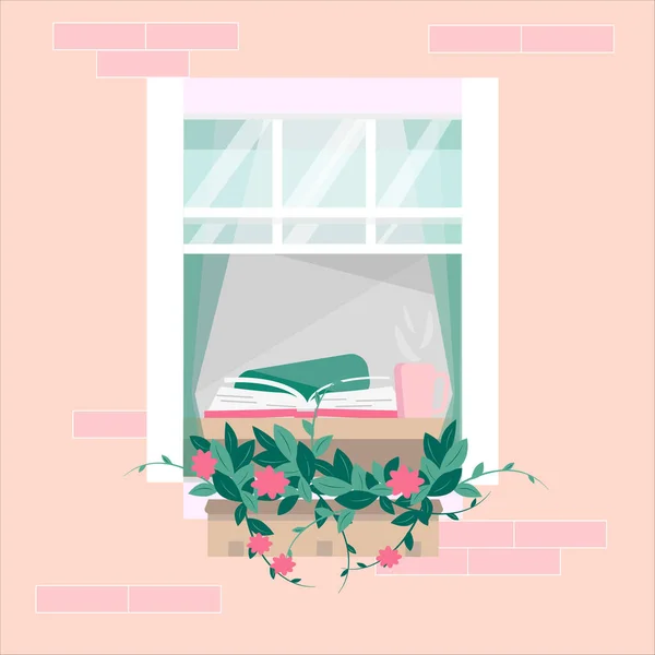 Beautiful Window Cozy House Decorated Flowers Stay Home Read Book — Stock Vector