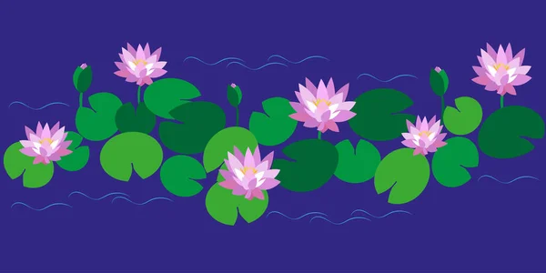 Horizontales Muster Mit Blüten Knospen Und Rosa Lotusblättern Auf Blauem — Stockvektor