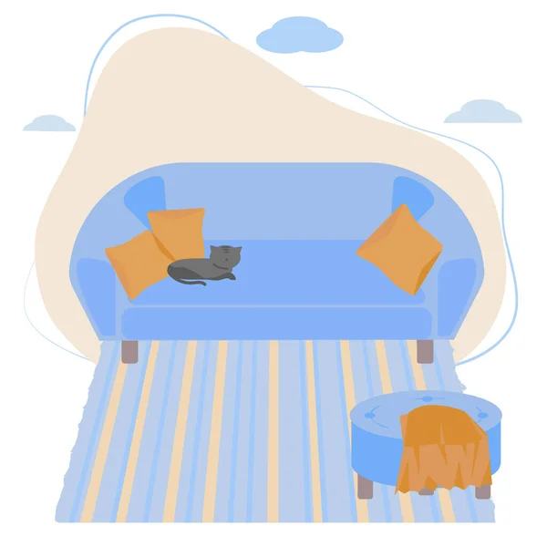 Yastıklı Kanepe Kedi Puf Ekose Halı Dinlenme Odası Için Sıcak — Stok Vektör