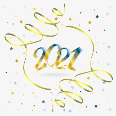 Altın yılanbalığı, gümüş yıldız süslemeleri ve beyaz arka planda konfeti bulunan 2021 yılınız kutlu olsun. Kartlar, reklamlar, davetiyeler, ambalajlar için vektör illüstrasyonu.