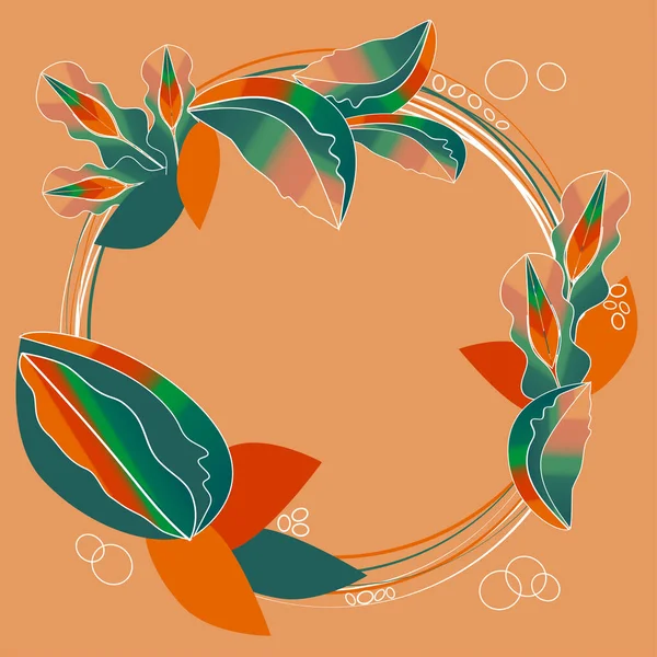 Цветочный Круглый Кадр Лакированные Листья Цветы Венок Коралловом Фоне Векторная — стоковый вектор