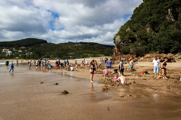 Whitianga, Nzl - 07 Mart 2016:Hot Water plajında küçük sıcak su havuzları yapan ziyaretçiler