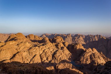 Spectacular aerial view of the holy summit of Mount Sinai, Aka Jebel Musa, 2285 meters, at sunrise, Sinai Peninsula in Egypt. clipart