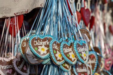 typical gingerbread hearts at the oktoberfest in munich 2019 with the word Oktoberfest on it clipart