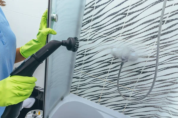 Cleaning House Woman Green Gloves Cleans Bathroom Steam Cleaner Apartment — Stock Photo, Image