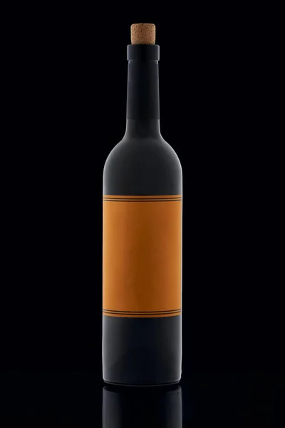 A bottle of wine with an orange label, with a wood cork, open, stands on a black background with a reflection with chic highlights and a top capacity.