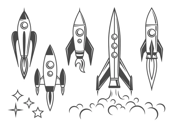 Ракетные Иконы Набор Винтажных Иллюстраций — стоковый вектор