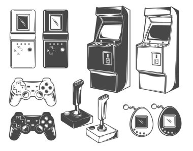Vintage Oyunlar çizimler-Tetris, arcade makine, Oyun İstasyonu, Tamagotchi