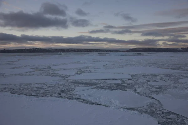 Ανταρκτική Λευκή Νύχτα Ένα Δραματικό Τοπίο Ηλιοβασίλεμα Πάγο Και Παγόβουνα — Φωτογραφία Αρχείου