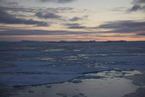 Antarctische White Night Een Dramatische Landschap Met Zonsondergang Ijs Ijsbergen — Stockfoto