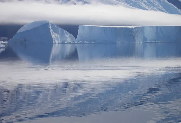 Beautiful Antarctic landscape with ocean, icebergs and reflection on a sunny day