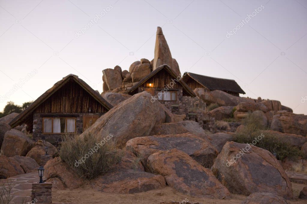 Namibia Fish River Canyon. Fabulous hotel Canon Lodge on a sunny day in the evening