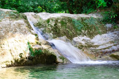 Cascade yosunlu kayaların üzerine düşüyor. bir dağ nehrinden şelale