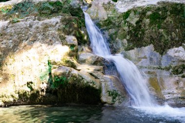 Cascade yosunlu kayaların üzerine düşüyor. bir dağ nehrinden şelale