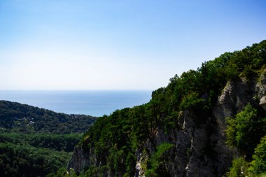 Noel ağaçlarıyla kaplı dağlar bulutlu mavi gökyüzüne karşı. Güzel panoramik manzara mavi gökyüzüne karşı kozalaklı orman.