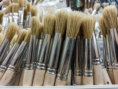 Sanatçı için bir grup sanatsal fırça. Kırtasiyedeki raflarda yeni boya fırçaları. Resim konsepti. Sanatçılar için araç satma kavramı, fırça seçimi.