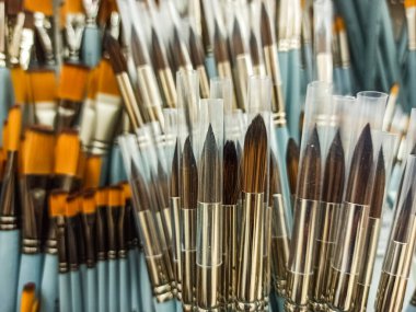 Sanatçı için bir grup sanatsal fırça. Kırtasiyedeki raflarda yeni boya fırçaları. Resim konsepti. Sanatçılar için araç satma kavramı, fırça seçimi.