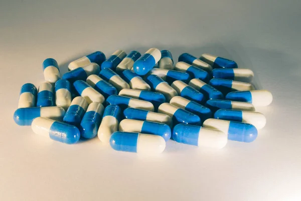 Handful Pills Capsules Medications White Blue — Stock Photo, Image