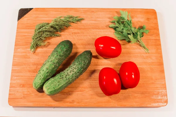 Vegetables Cucumbers Tomatoes Sweet Pepper Parsley Dill Wooden Board — Stock Photo, Image