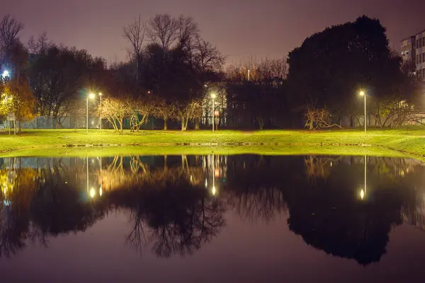 Estanque Ciudad Con Iluminación Alrededor Del Radio Con Reflejo Luces —  Fotos de Stock