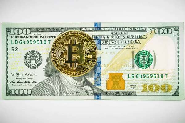 Bitcoin Para 100 Dolar Bankton Üzerinde Yatıyor — Stok fotoğraf