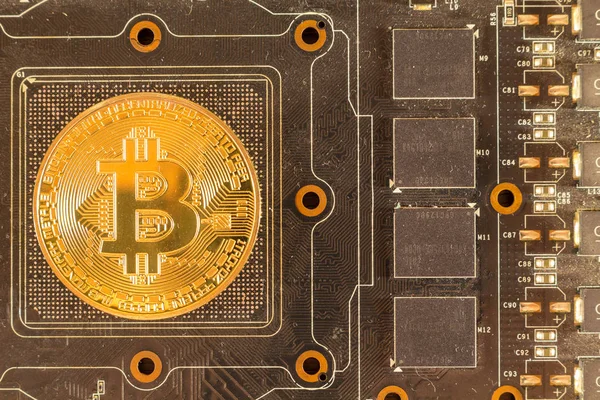 Monety Bitcoin Znajduje Się Karcie Graficznej — Zdjęcie stockowe