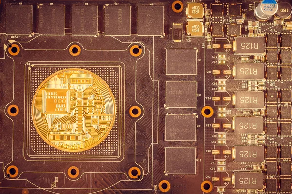 Monety Bitcoin Znajduje Się Karcie Graficznej — Zdjęcie stockowe