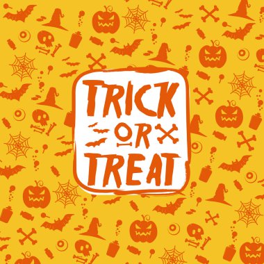 Cadılar Bayramı wallpapper ve kabak, örümcek ağı, şeker, cadı şapka, kafatası ve kemiklerin, yarasa, zehir, gözlü turuncu deseninin arka plan. Vektör çizim grunge tarzı