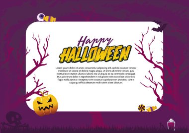 Mutlu Cadılar Bayramı afiş whit Spooky ormanı, şeker ve kabak. Vektör çizim. Metniniz için yer.