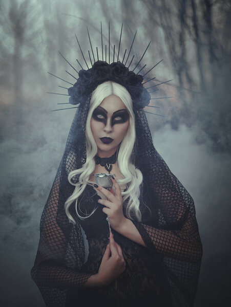 В тумане стоит портрет ведьмы с седыми волосами в короне и черной вуали. Готический стиль. Дым на заднем плане
.