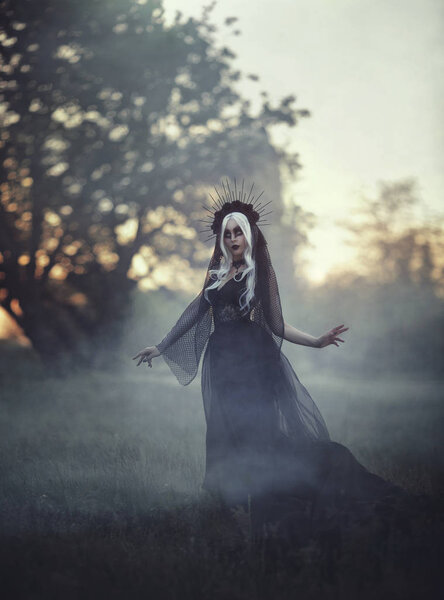 A beautiful woman witch with white hair in a crown and a black veil, walks in a fog. Gothick style. The girl is a black princess in a black gothic dress at sunset. The background is a dark forest