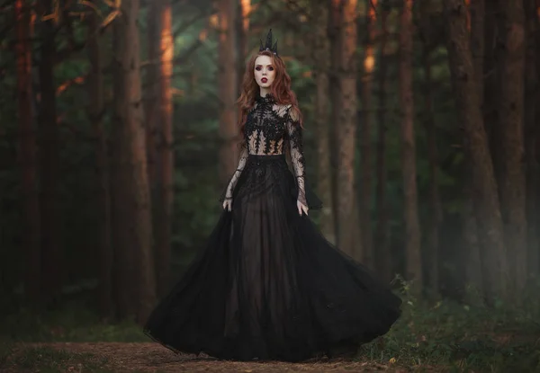 Beautiful Gothic Princess Pale Skin Very Long Red Hair Black — Stock Photo, Image