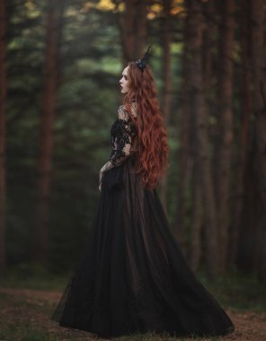 Soluk cilt ve çok uzun kızıl saçlı siyah bir taç ve siyah uzun elbise ile güzel bir Gotik Prenses bir masal sisli sonbahar Ormanda yürür. Karanlık Kraliçe kostümü. Arkadan görünüm. Sanatsal işleme.