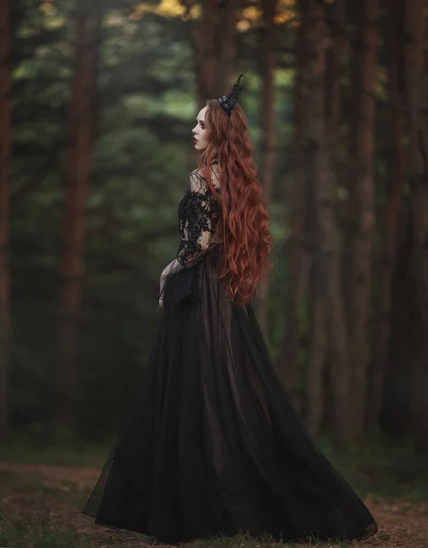 Beautiful Gothic Princess Pale Skin Very Long Red Hair Black — Stock Photo, Image