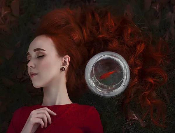 Uma linda garota com longos cabelos vermelhos dorme ao lado de um peixinho dourado em um aquário. Jovem ruiva Lein em um prado de outono . — Fotografia de Stock