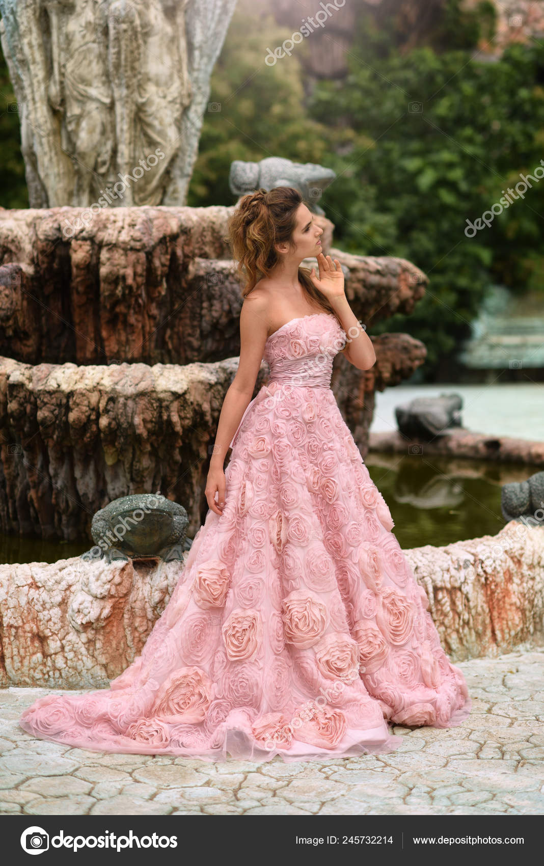 Beautiful Princess In A Pink Dress Near The Fountain Blonde Woman