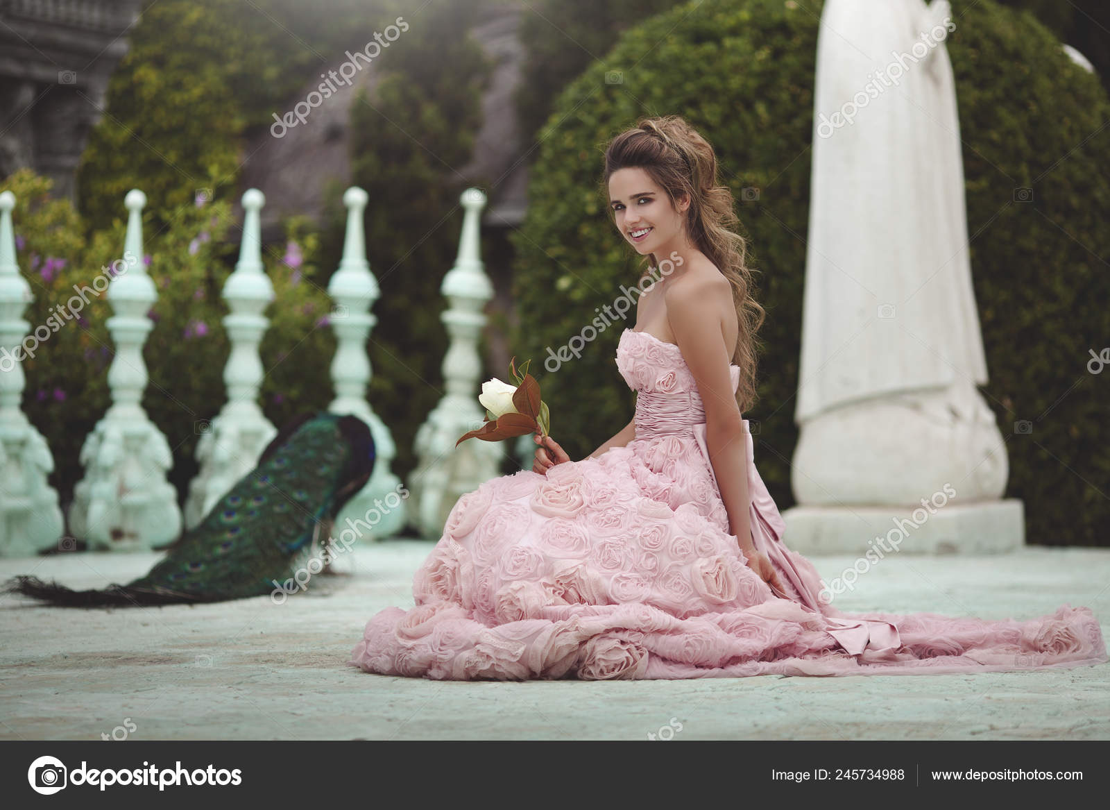 Beautiful Princess In A Pink Dress Blonde Woman With Long Hair