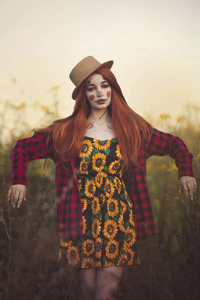 La chica es un espantapájaros en un campo con flores amarillas . —  Fotos de Stock
