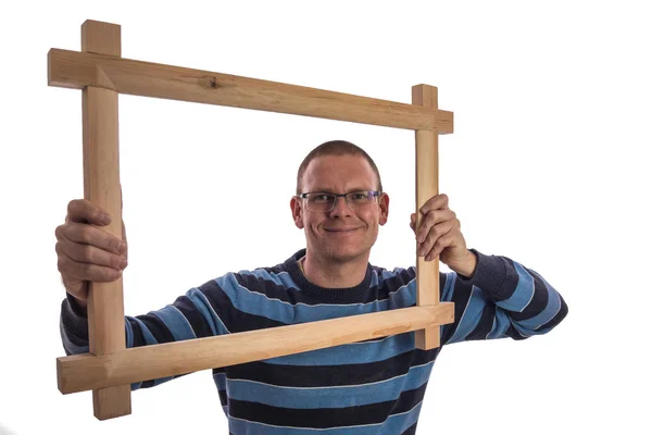 Man Holds White Frame — Stock Photo, Image