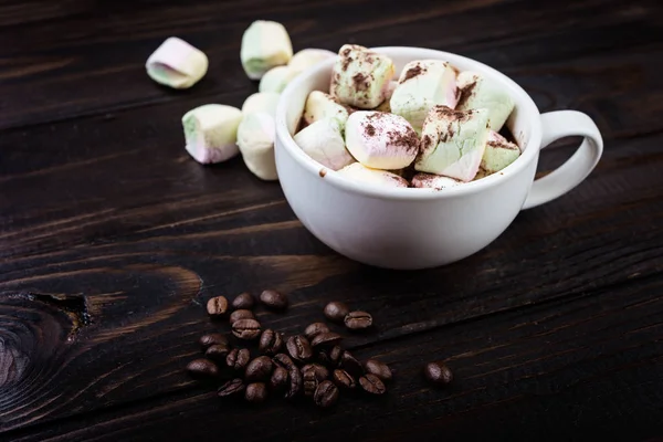 Copo Chocolate Quente Marshmallow Fundo Madeira — Fotografia de Stock