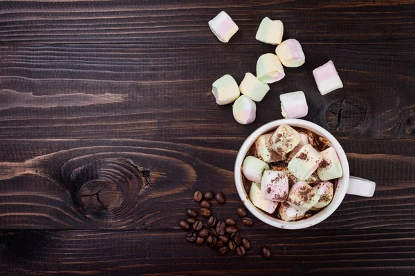 Tazza Cioccolata Calda Marshmallow Sfondo Legno Vista Dall Alto Bevanda — Foto Stock