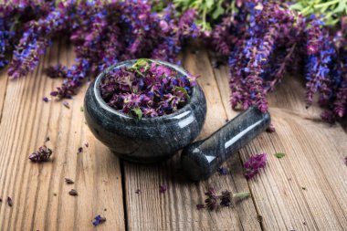 Adaçayı bitki ve parfüm rustik ahşap arka plan üzerinde. Homeopati tıp kavramı.