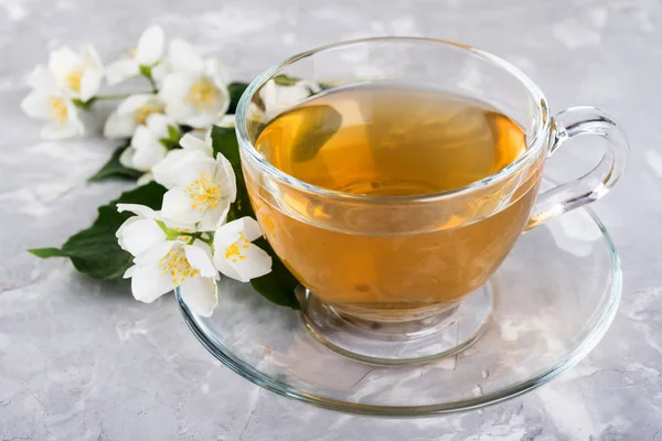 Jasmine Tea Jasmine Flowers Grey Stone Tabl — Stock Photo, Image